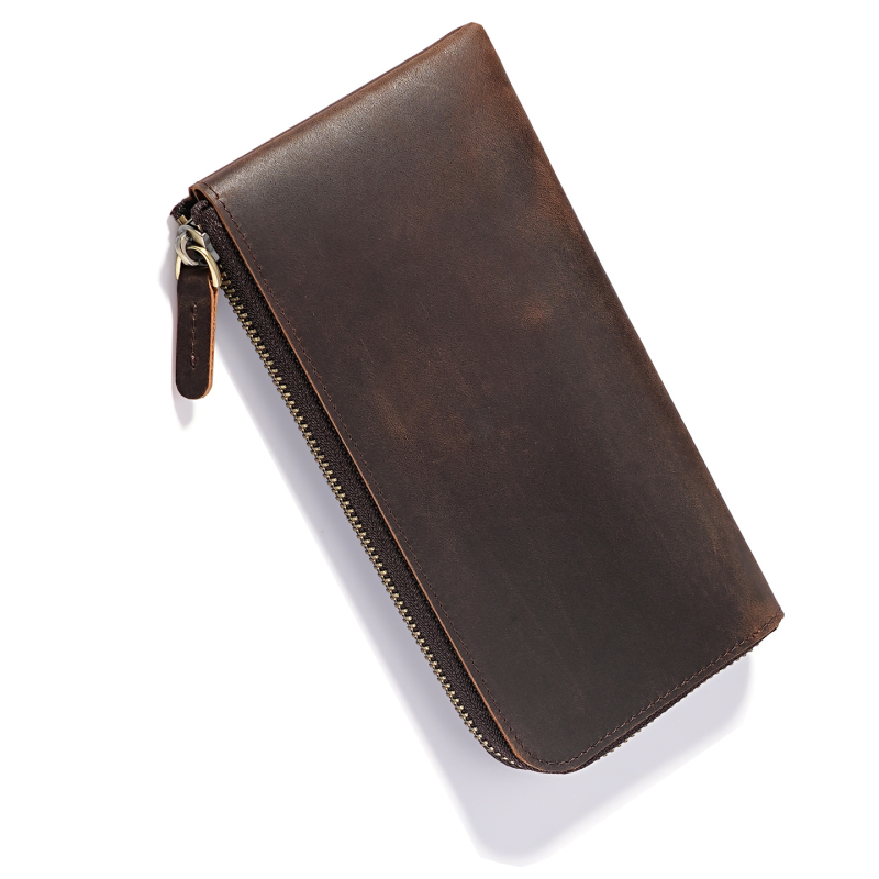 Portofel lung din piele naturală Crazy Horse, pentru bărbați și femei, culoare solidă, căptușeală poliester, capacitate mare pentru ID și carduri