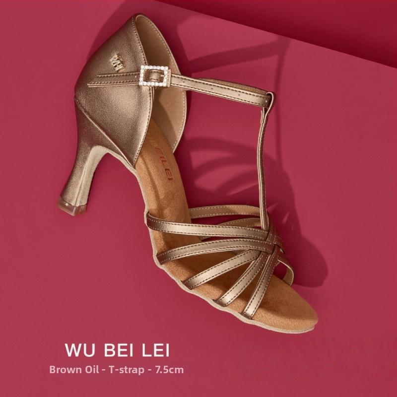 Ženske latino plesne cipele s pet remena u obliku slova T — gornji dio od svile, potplat od velura, prozračne, otporne na habanje