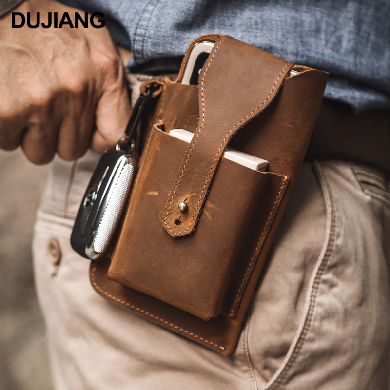 DUJIANG Muška kožna torbica za telefon na pojas – retro stil, višenamjenska, koža vrhovnog sloja