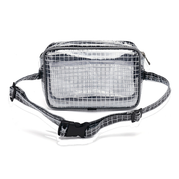 Geantă de piept pentru bărbați din PVC – Model transparent cu plasă, închidere cu fermoar, buzunar interior cu fermoar, formă pătrată orizontală