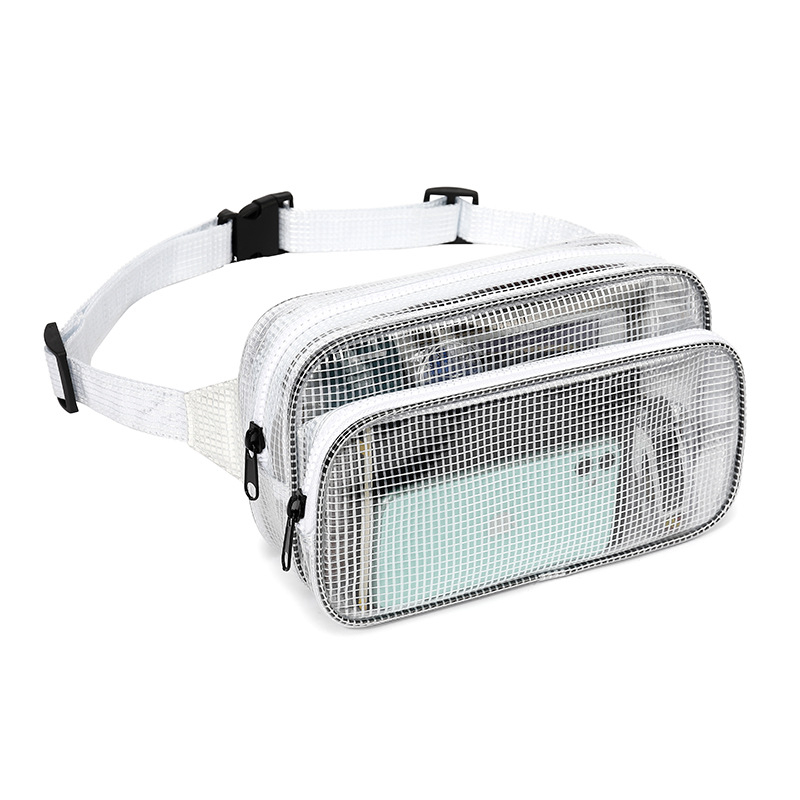 Geantă de piept pentru bărbați din PVC – Model transparent cu plasă, închidere cu fermoar, buzunar interior cu fermoar, formă pătrată orizontală