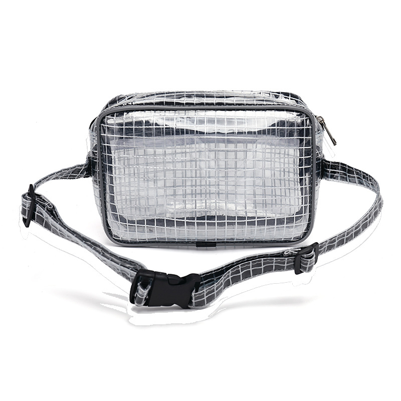 Geantă de piept pentru bărbați din PVC – Model transparent cu plasă, închidere cu fermoar, buzunar interior cu fermoar, formă pătrată orizontală