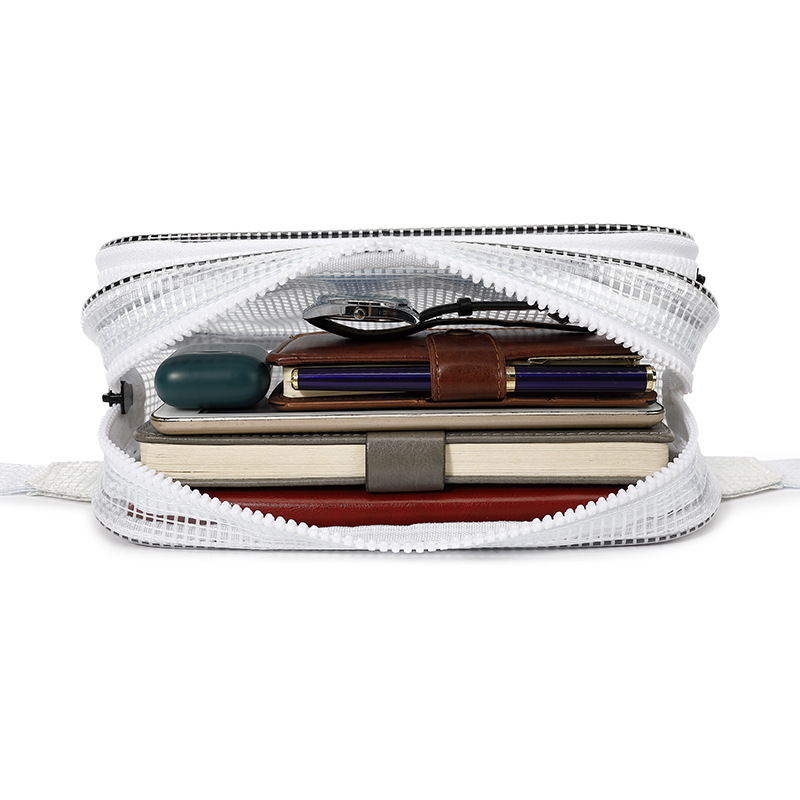 Geantă de piept pentru bărbați din PVC – Model transparent cu plasă, închidere cu fermoar, buzunar interior cu fermoar, formă pătrată orizontală