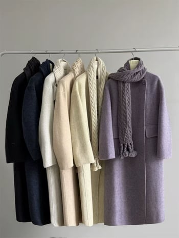 Női hosszú kettőoldalas gyapjúkabát, európai stílus, kerek nyak, hosszú ujjú, egy gombos záródás