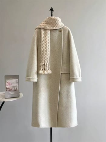 Női hosszú kettőoldalas gyapjúkabát, európai stílus, kerek nyak, hosszú ujjú, egy gombos záródás