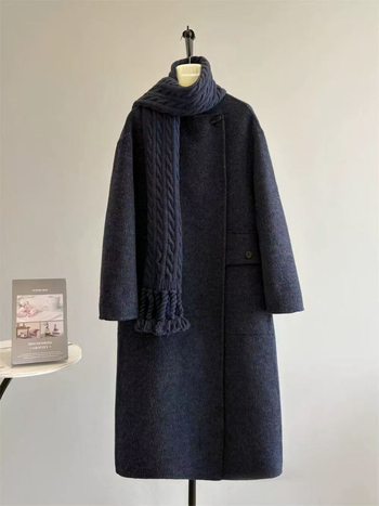 Női hosszú kettőoldalas gyapjúkabát, európai stílus, kerek nyak, hosszú ujjú, egy gombos záródás