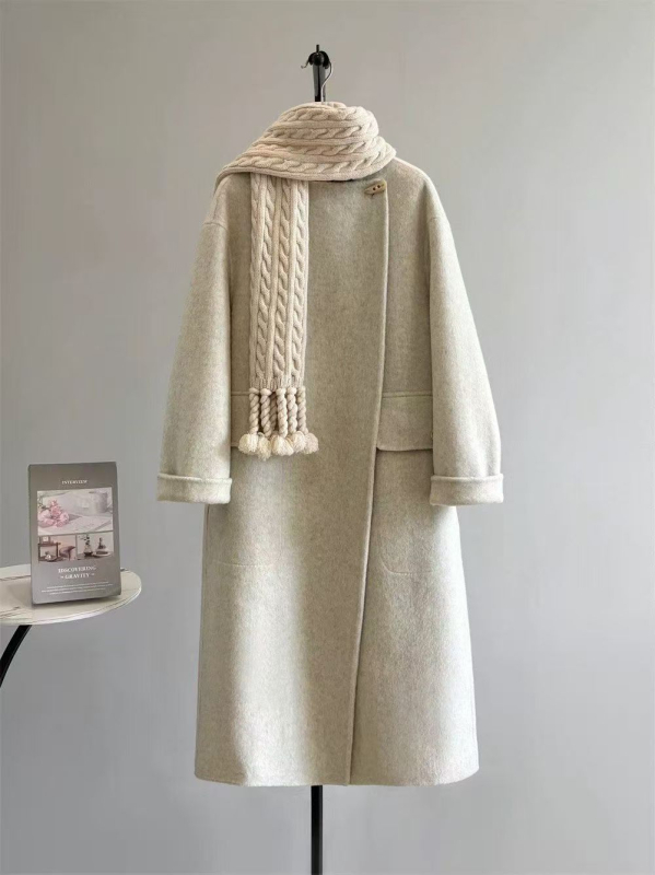 Női hosszú kettőoldalas gyapjúkabát, európai stílus, kerek nyak, hosszú ujjú, egy gombos záródás