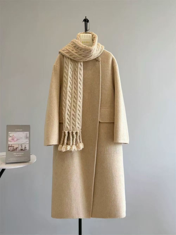 Női hosszú kettőoldalas gyapjúkabát, európai stílus, kerek nyak, hosszú ujjú, egy gombos záródás