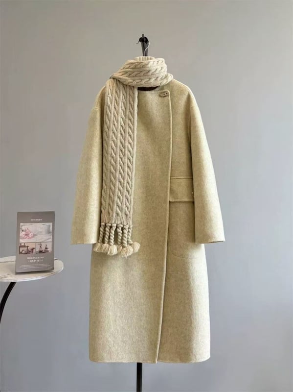 Női hosszú kettőoldalas gyapjúkabát, európai stílus, kerek nyak, hosszú ujjú, egy gombos záródás