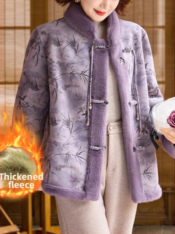 Műszőrmés téli kabát középkorú és idős nőknek | elegáns városi stílus | fő anyag: poliészter (>95%); mintázat: növények és virágok; hossz: 50–65 cm; vasalásmentes kezelés