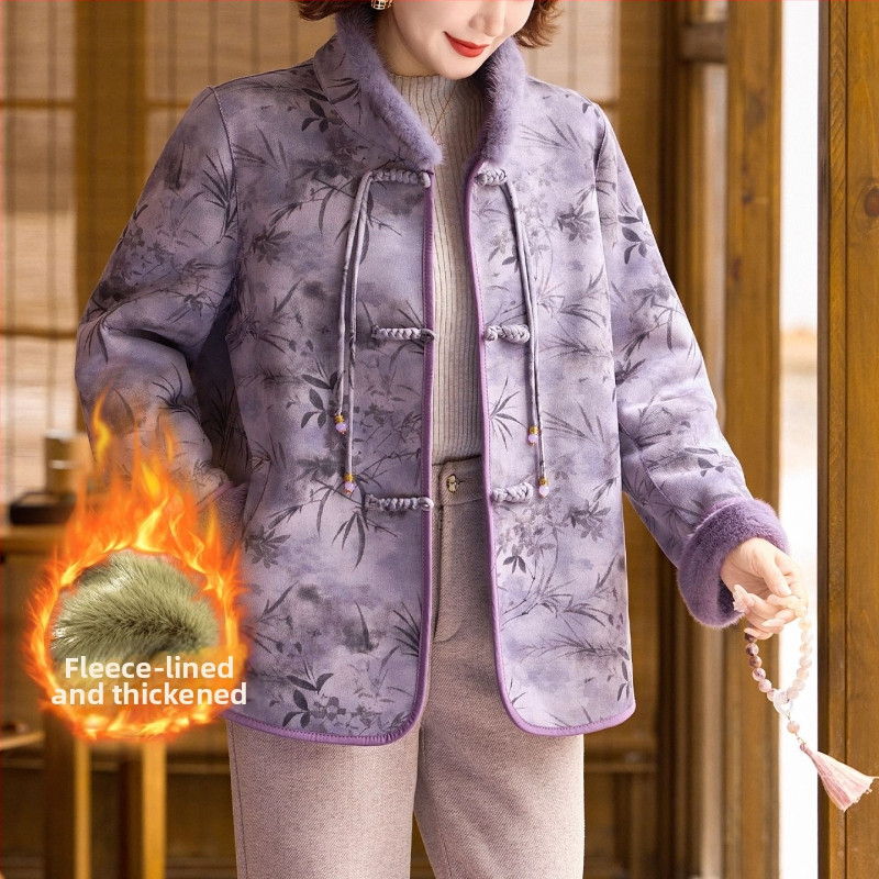 Műszőrmés téli kabát középkorú és idős nőknek | elegáns városi stílus | fő anyag: poliészter (>95%); mintázat: növények és virágok; hossz: 50–65 cm; vasalásmentes kezelés