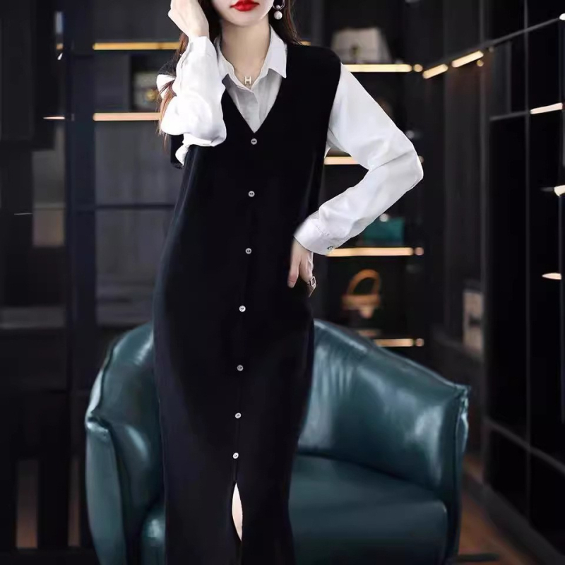 Pletena midi haljina bez rukava s V izrezom, široki kroj, visok struk, japansko-korejski stil