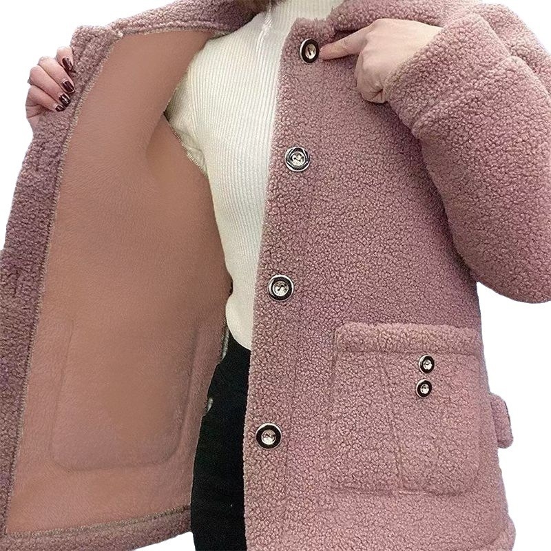 Palton de iarnă cu căptușeală din fleece, pentru femei, croială lejeră, guler înalt, mâneci lungi, textură velur din poliester