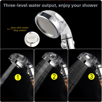 Ντουζ κεφαλή με αρνητικά ιόντα, διακόπτης με ένα κουμπί για διακοπή της ροής, 3 λειτουργίες ρύθμισης ροής, φίλτρο PP βαμβάκι, βιδωτή εγκατάσταση