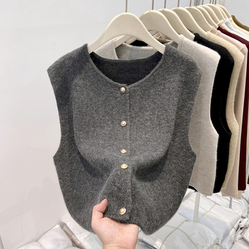 Bez rukava kardigan-vest s okruglim izrezom - Najlon 50–70%, ovčji velur pleteni materijal, jednobojna, srednja debljina