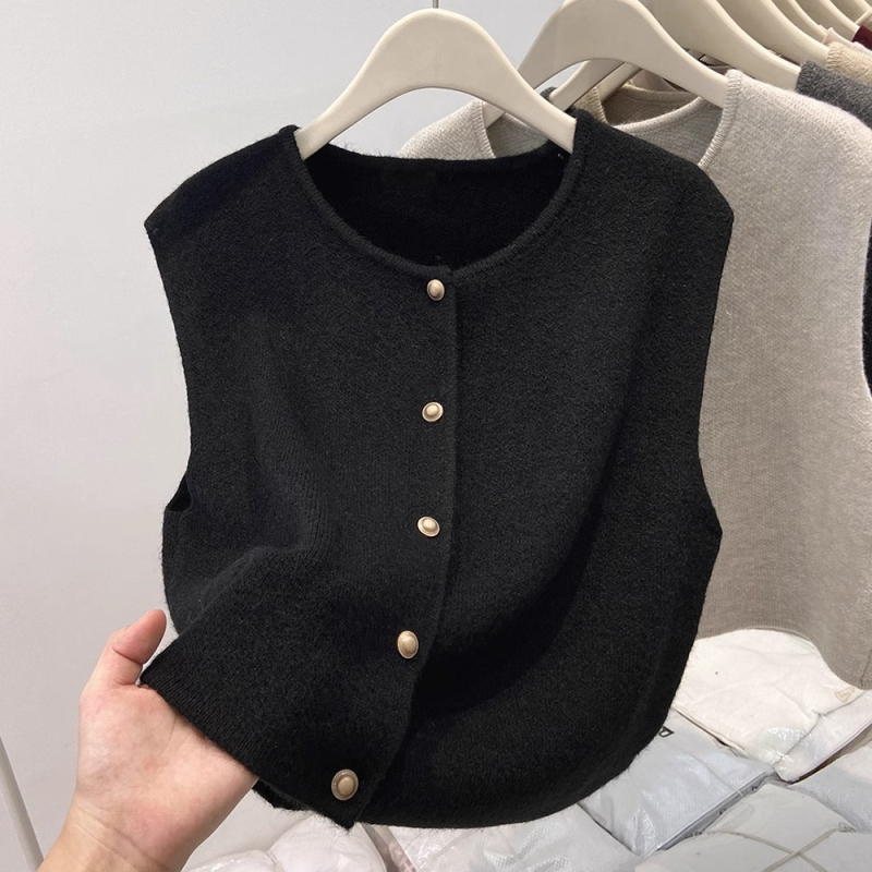 Bez rukava kardigan-vest s okruglim izrezom - Najlon 50–70%, ovčji velur pleteni materijal, jednobojna, srednja debljina