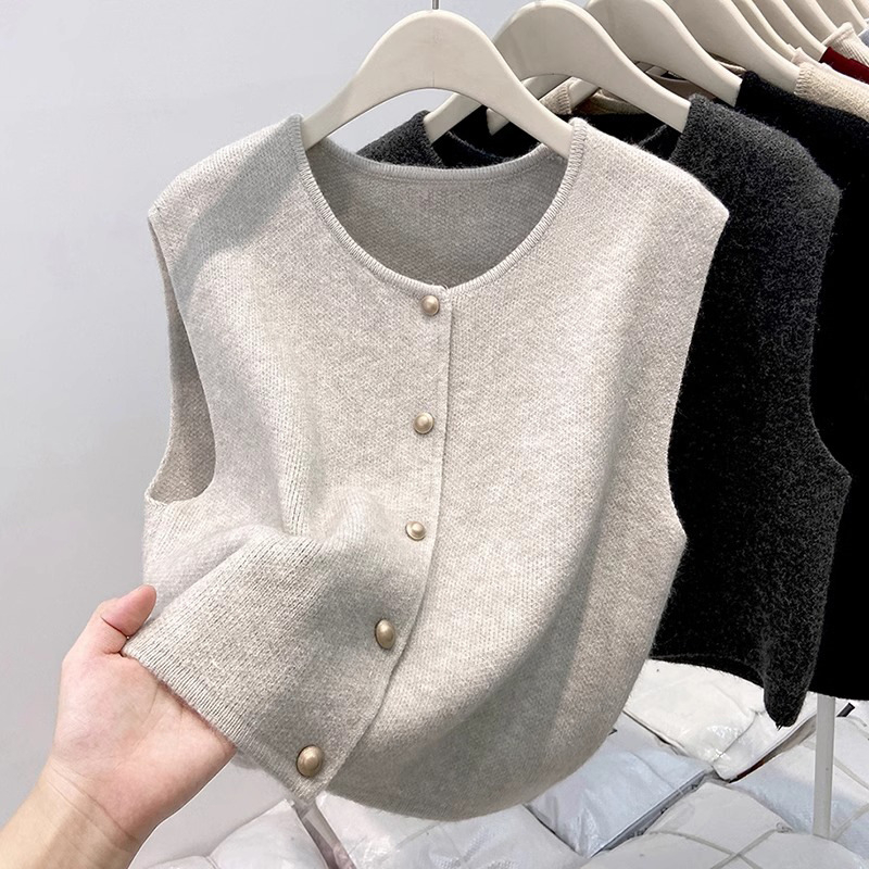 Bez rukava kardigan-vest s okruglim izrezom - Najlon 50–70%, ovčji velur pleteni materijal, jednobojna, srednja debljina