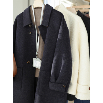 Női kézzel készített dupla oldalas kasmírgyapjú kabát, középhosszú, gallér, hosszú ujjú