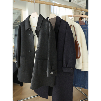 Női kézzel készített dupla oldalas kasmírgyapjú kabát, középhosszú, gallér, hosszú ujjú