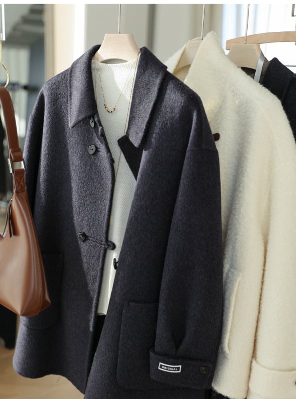 Női kézzel készített dupla oldalas kasmírgyapjú kabát, középhosszú, gallér, hosszú ujjú