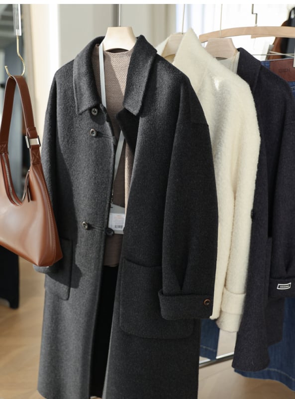 Női kézzel készített dupla oldalas kasmírgyapjú kabát, középhosszú, gallér, hosszú ujjú