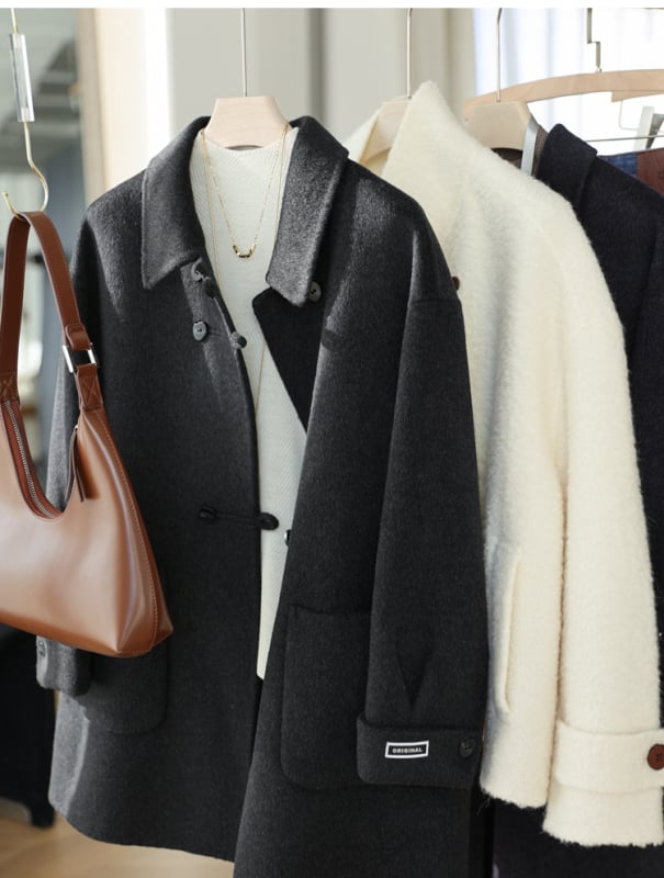 Női kézzel készített dupla oldalas kasmírgyapjú kabát, középhosszú, gallér, hosszú ujjú