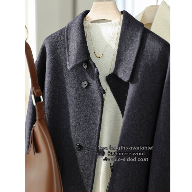 Női kézzel készített dupla oldalas kasmírgyapjú kabát, középhosszú, gallér, hosszú ujjú