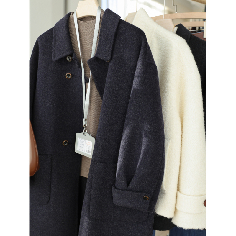 Női kézzel készített dupla oldalas kasmírgyapjú kabát, középhosszú, gallér, hosszú ujjú