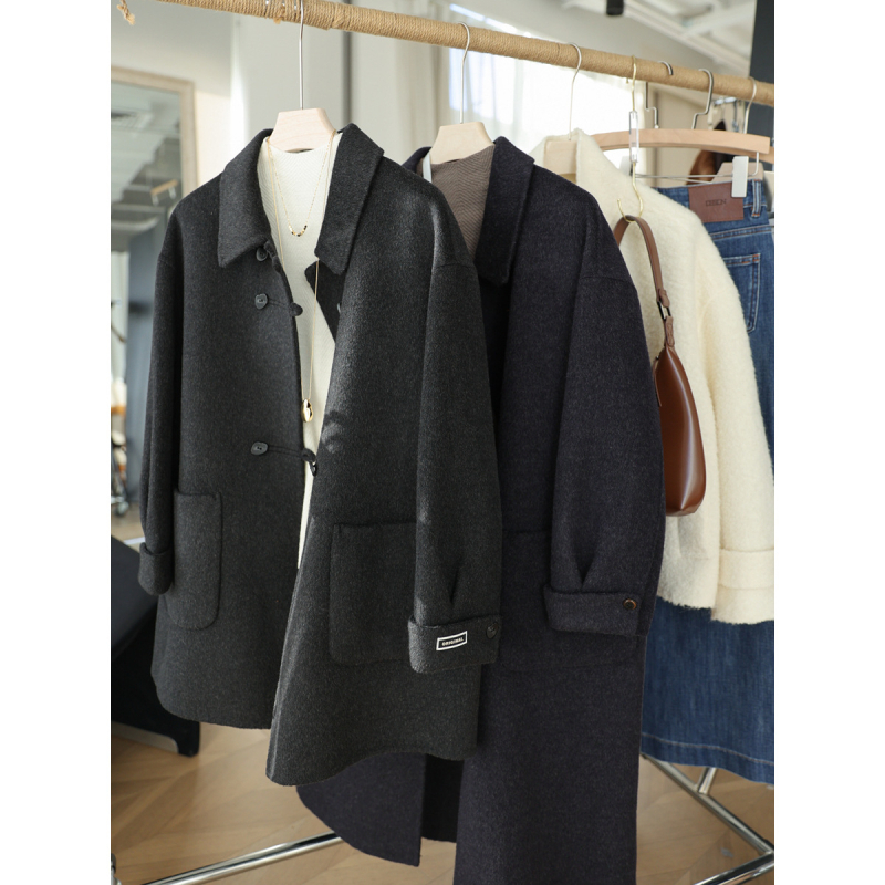 Női kézzel készített dupla oldalas kasmírgyapjú kabát, középhosszú, gallér, hosszú ujjú