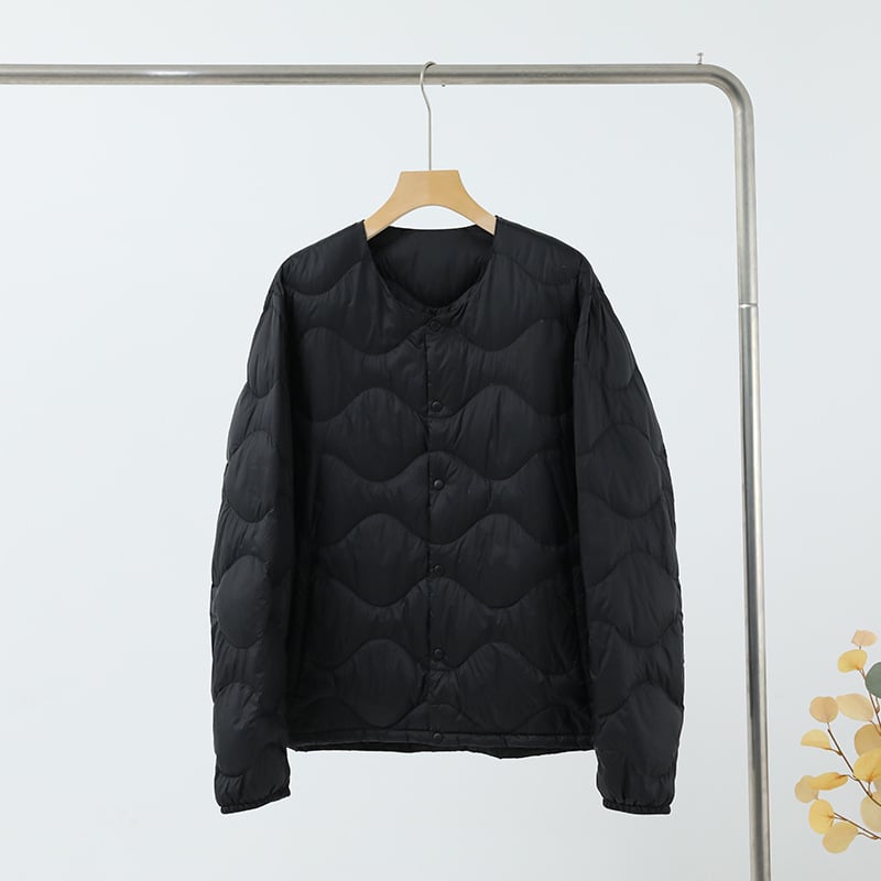 Ανδρικό μπουφάν με γέμισμα από πούπουλα πάπιου, 650 γέμισμα, λεπτό, εξωτερικό ύφασμα νάιλον και επένδυση νάιλον, liner σε στυλ Κορέας, κούμπωμα μονόσπαστο (-5°C έως 0°C)