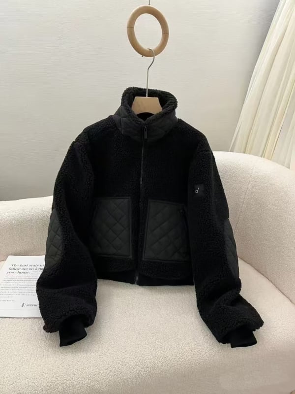 Jieying Jachetă scurtă pentru femei, exterior - amestec bumbac-kasmir (80-90% bumbac, cașmir sub 30%) - croială lejeră, groasă, casual cu guler înalt - Toamnă 2025