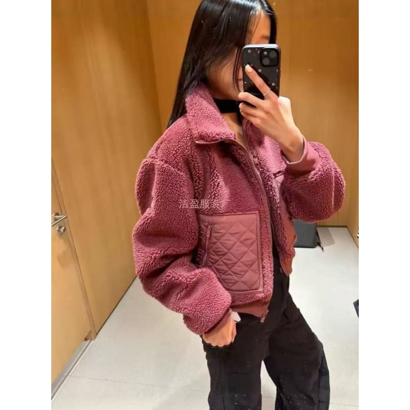 Jieying Jachetă scurtă pentru femei, exterior - amestec bumbac-kasmir (80-90% bumbac, cașmir sub 30%) - croială lejeră, groasă, casual cu guler înalt - Toamnă 2025