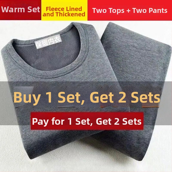 Set de lenjerie termică pentru bărbați, căptușit cu fleece, cald, poliester, guler rotund, mâneci lungi