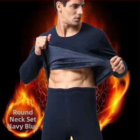 Set de lenjerie termică pentru bărbați, căptușit cu fleece, cald, poliester, guler rotund, mâneci lungi