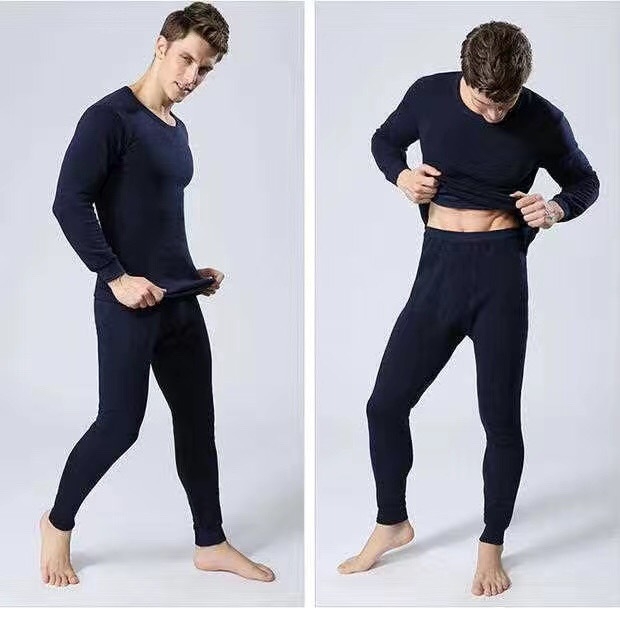 Set de lenjerie termică pentru bărbați, căptușit cu fleece, cald, poliester, guler rotund, mâneci lungi