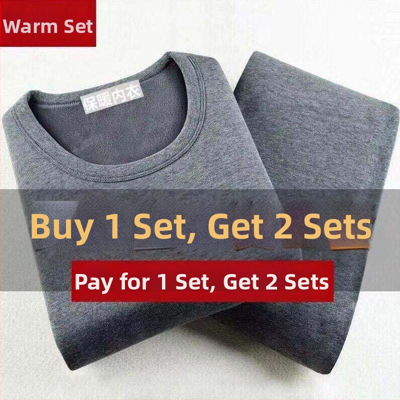 Set de lenjerie termică pentru bărbați, căptușit cu fleece, cald, poliester, guler rotund, mâneci lungi