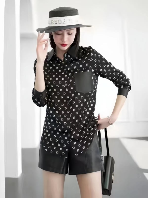 Dámska košeľa z ovčej kože s chiffon panelmi, dlhý rukáv, zapínanie s prackami, jeseň-zima 2025