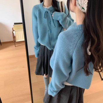 Cardigan, japansko-korejski opušten stil, pleteni od imitacije kašmira i poliestera, okrugli izrez, labav kroj