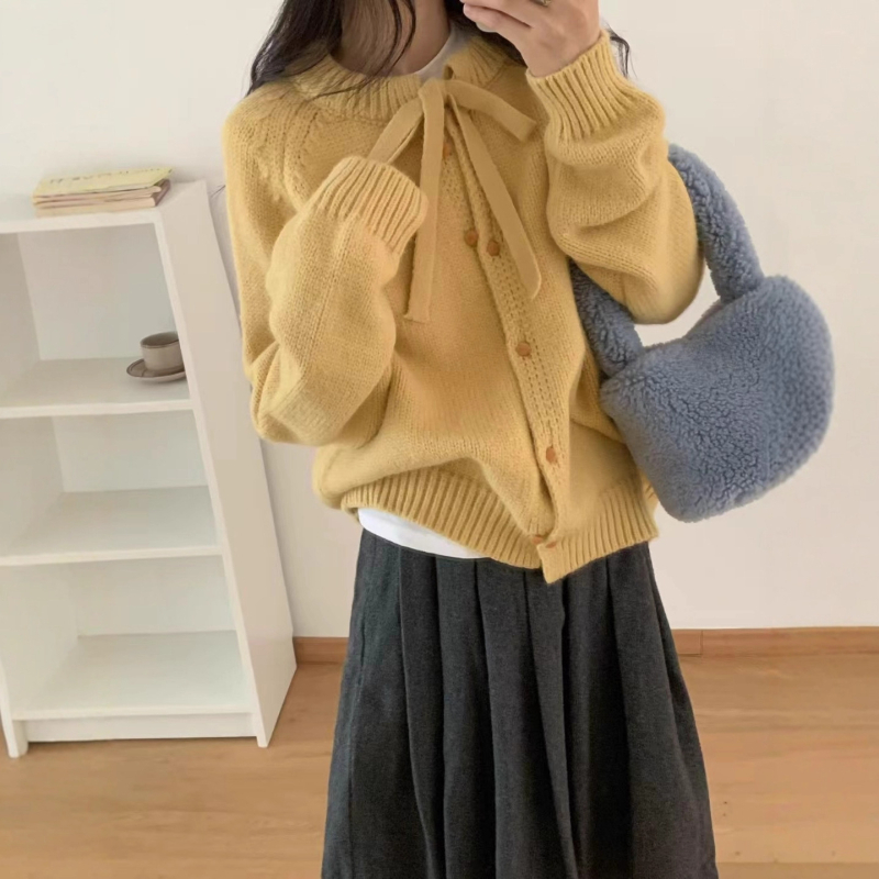 Cardigan, japansko-korejski opušten stil, pleteni od imitacije kašmira i poliestera, okrugli izrez, labav kroj