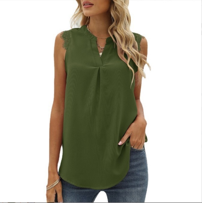 Šifónový top z polyesteru bez rukávov, s čipkou a výstrihom do V, voľný strih