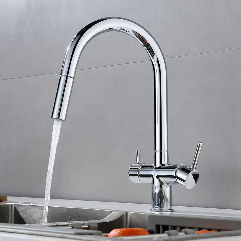 Izvlačni kuhinjski faucet, toplu i hladnu vodu, 3-u-1 pročišćena voda, tijelo od mesinga, keramički disk ventil