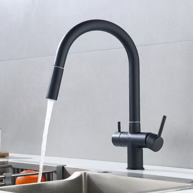 Izvlačni kuhinjski faucet, toplu i hladnu vodu, 3-u-1 pročišćena voda, tijelo od mesinga, keramički disk ventil