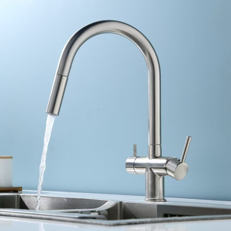 Izvlačni kuhinjski faucet, toplu i hladnu vodu, 3-u-1 pročišćena voda, tijelo od mesinga, keramički disk ventil