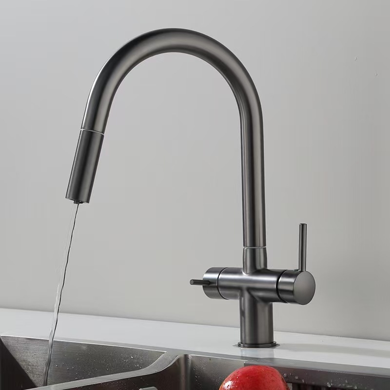 Izvlačni kuhinjski faucet, toplu i hladnu vodu, 3-u-1 pročišćena voda, tijelo od mesinga, keramički disk ventil