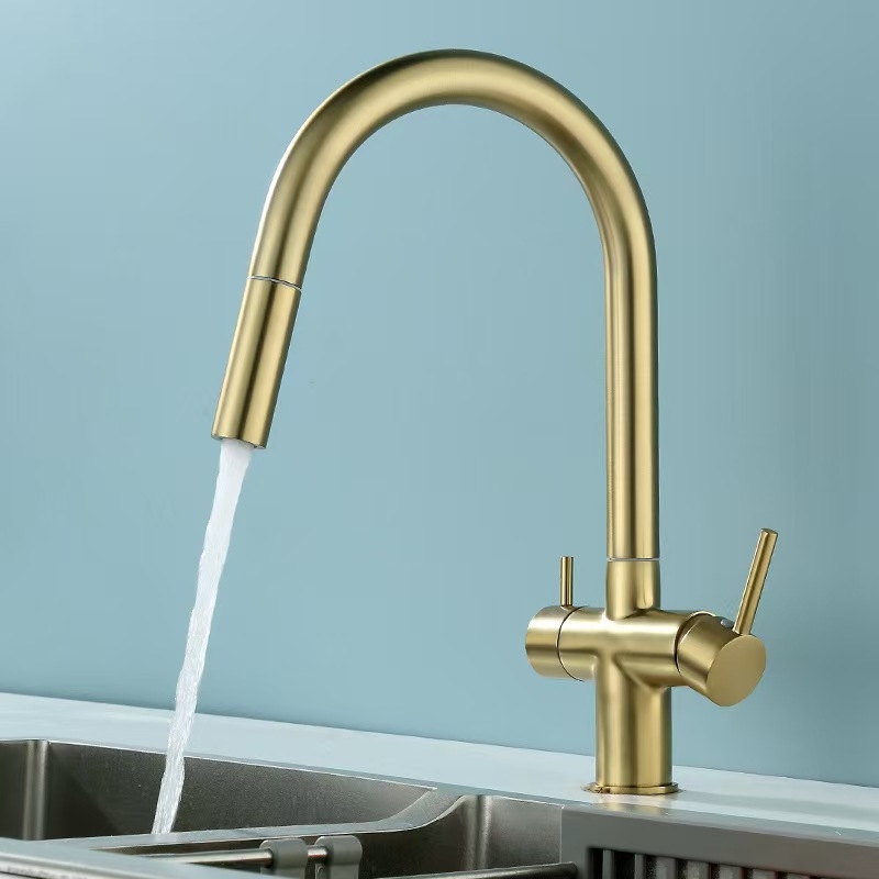 Izvlačni kuhinjski faucet, toplu i hladnu vodu, 3-u-1 pročišćena voda, tijelo od mesinga, keramički disk ventil