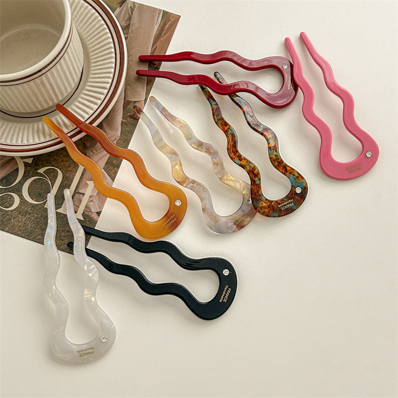 Аксесоар за коса: У‑образена вълниста щипка за коса с диамантен акцент | материал ацетична киселина | ретро дамски стил