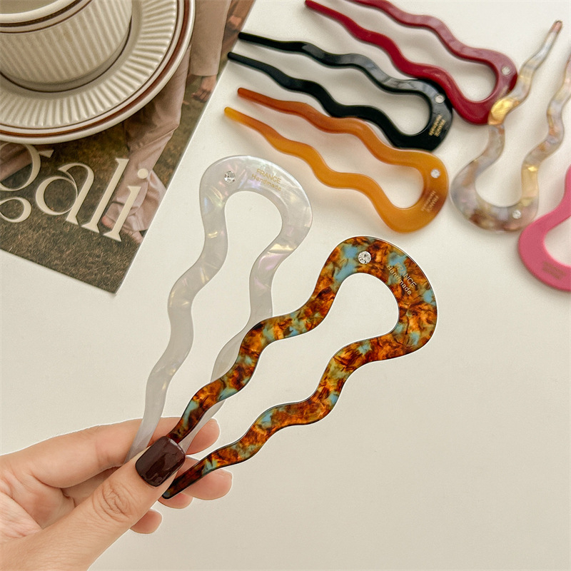 Аксесоар за коса: У‑образена вълниста щипка за коса с диамантен акцент | материал ацетична киселина | ретро дамски стил