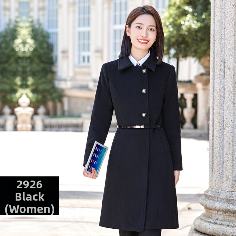 Palton din lână, unisex, lungime medie, pentru manager hotelier — vestimentație de birou, amestec lână 50–70% și poliester 30–50%, iarnă 2024