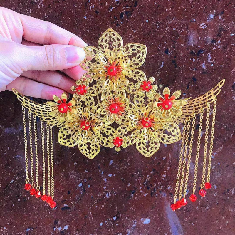 Метално електроплатирано ретро украса за коса с гребен и мотив фениксова корона за сватба в стил Xiuhe