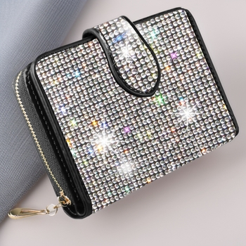 Női cipzáros rhinestone pénztárca PU bőrrel, poliészter bélés, kártyatartó